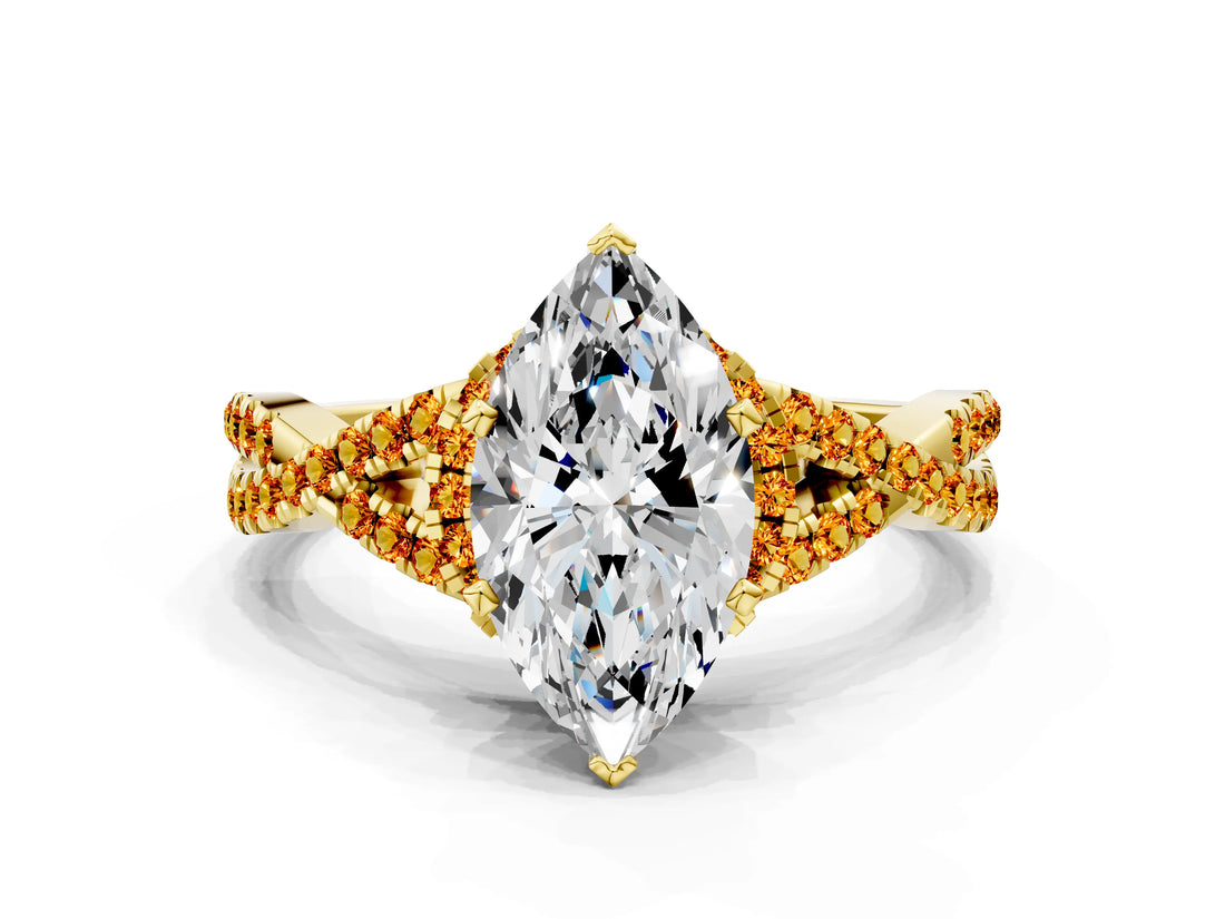 Yellow gold Heart Cut Diamond with Citrine side stone Halo Twist Band Solitaire Prong Setting Ring_42