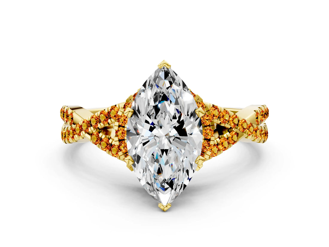 Yellow gold Heart Cut Diamond with Citrine side stone Halo Twist Band Solitaire Prong Setting Ring_48