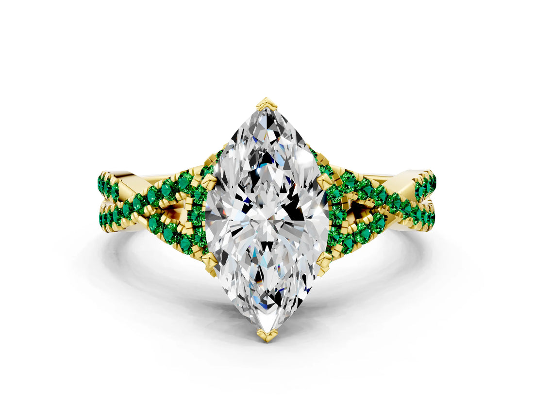 Yellow gold Heart Cut Diamond with Emerald side stone Halo Twist Band Solitaire Prong Setting Ring_12