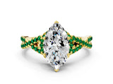 Yellow gold Heart Cut Diamond with Emerald side stone Halo Twist Band Solitaire Prong Setting Ring_12