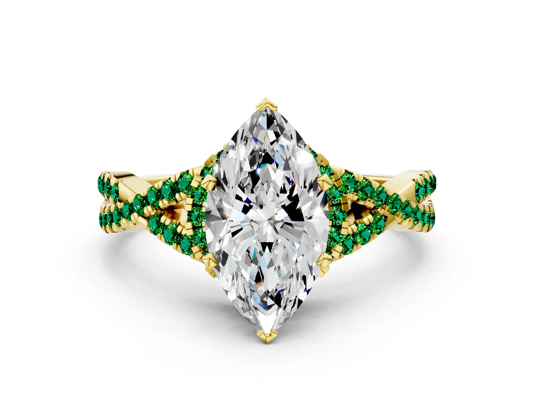 Yellow gold Heart Cut Diamond with Emerald side stone Halo Twist Band Solitaire Prong Setting Ring_24
