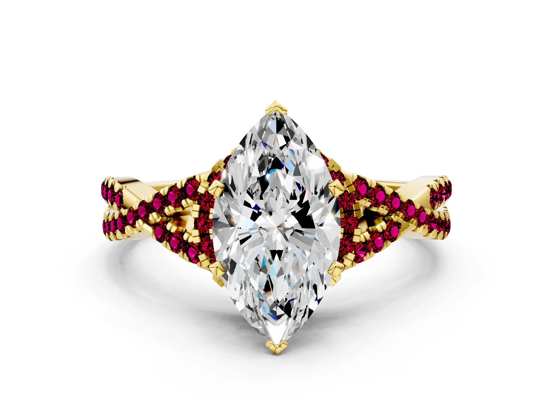 Yellow gold Heart Cut Diamond with Garnet side stone Halo Twist Band Solitaire Prong Setting Ring_12