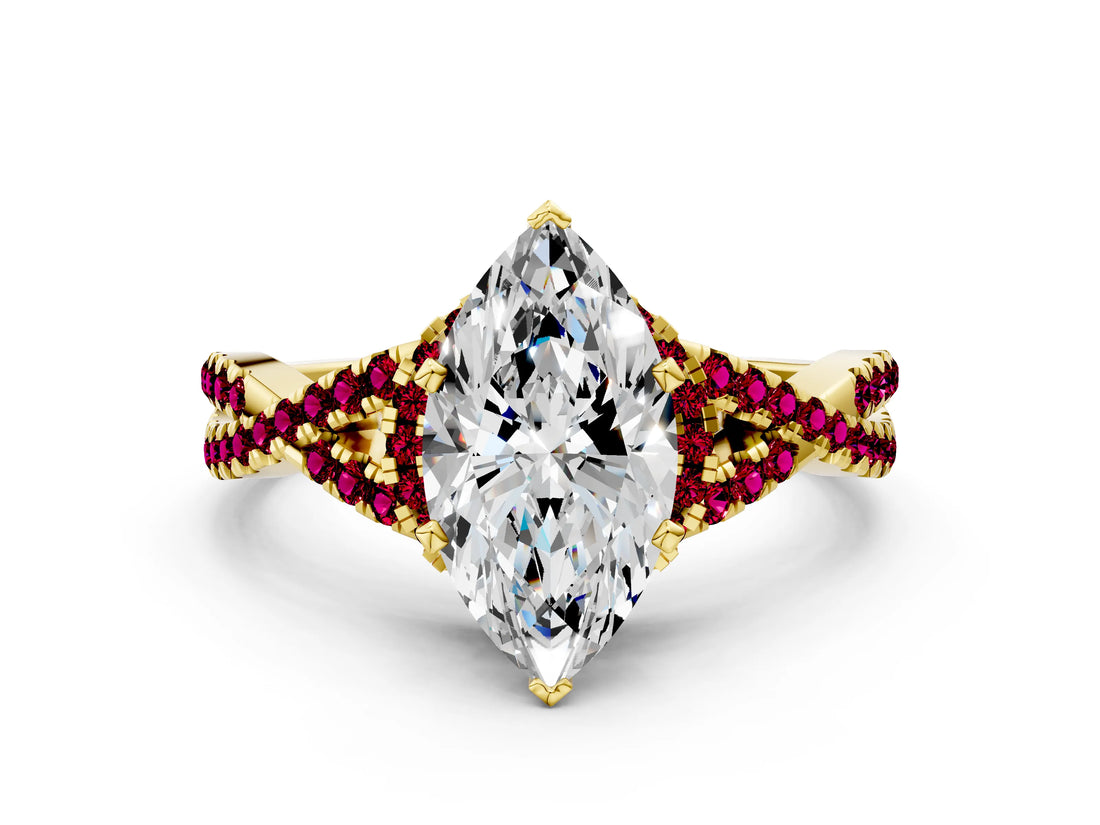 Yellow gold Heart Cut Diamond with Garnet side stone Halo Twist Band Solitaire Prong Setting Ring_36