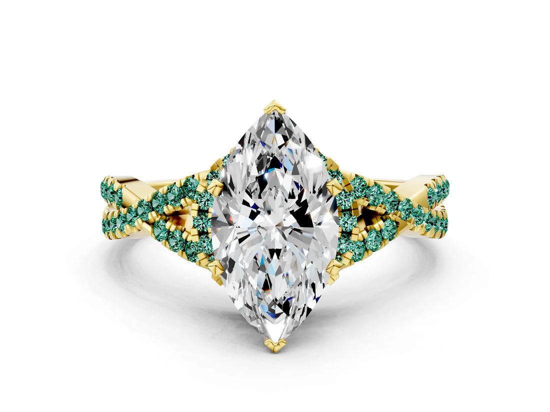 Yellow gold Heart Cut Diamond with Green Sapphire side stone Halo Twist Band Solitaire Prong Setting Ring_12