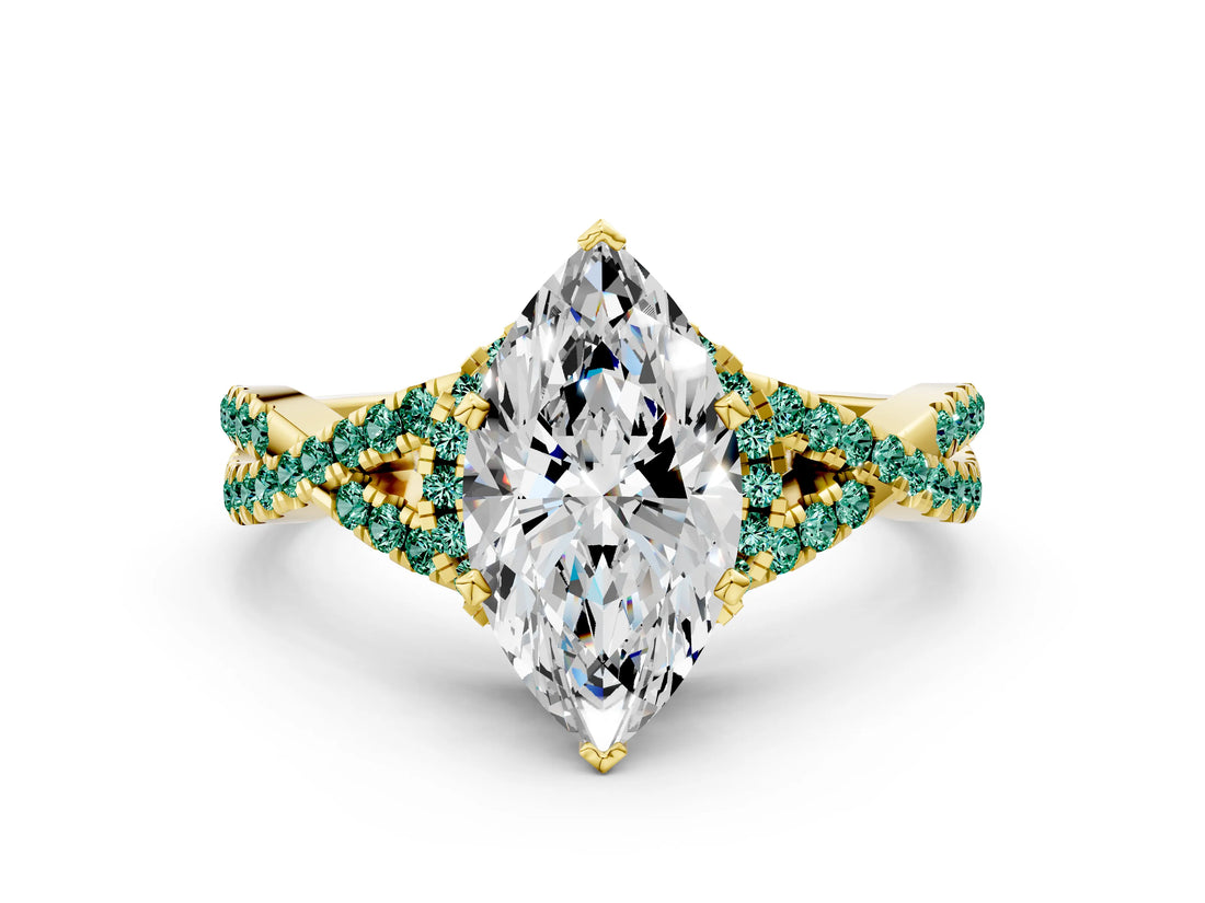 Yellow gold Heart Cut Diamond with Green Sapphire side stone Halo Twist Band Solitaire Prong Setting Ring_36