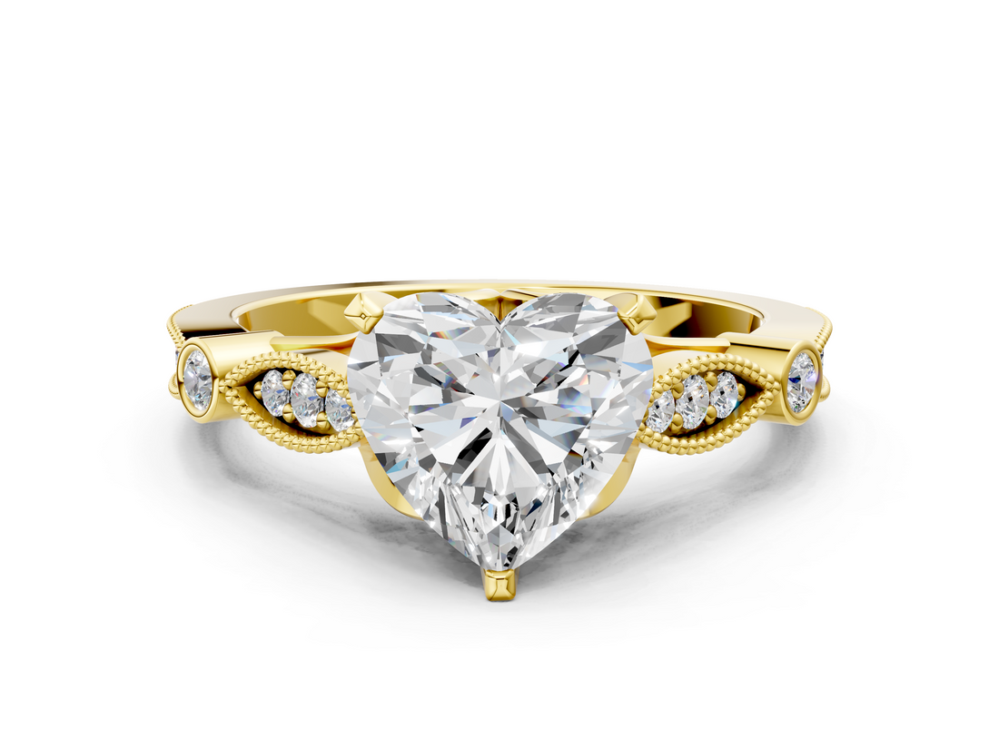 Yellow gold Heart Cut Diamond with Milgrain Marquise and Bezel Accents on a Solitaire Band with Prong Setting_211