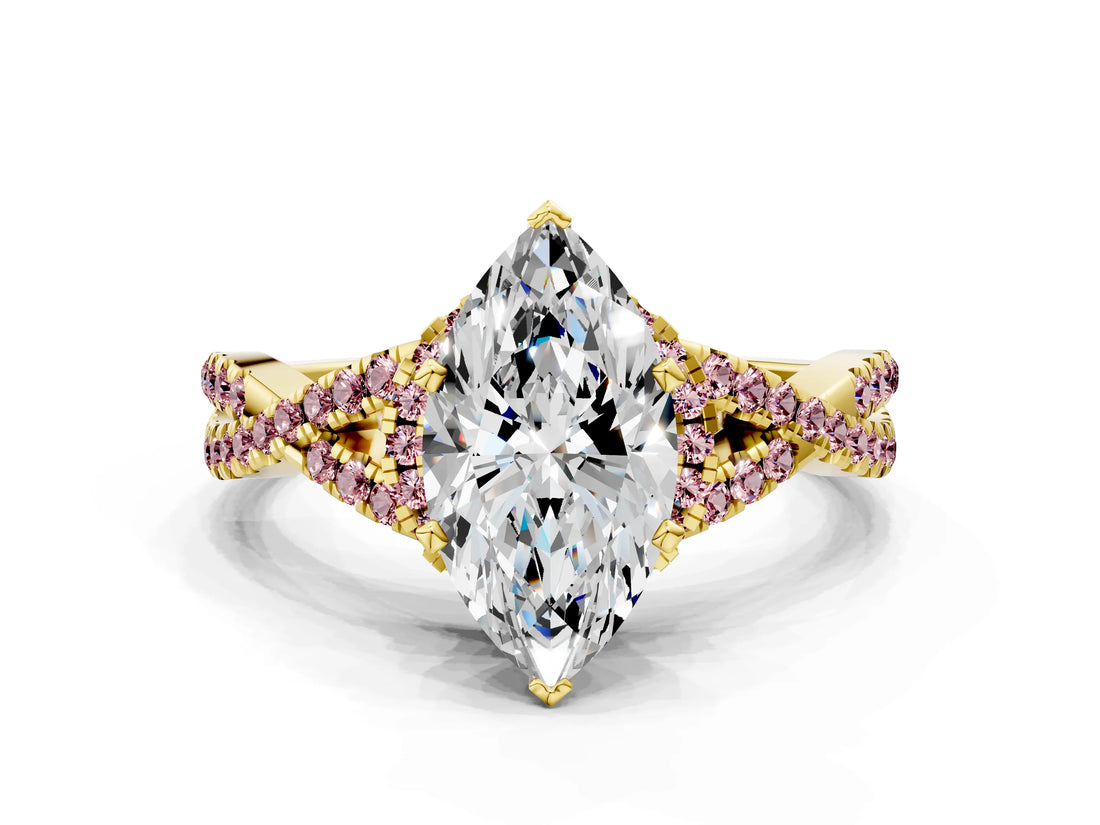 Yellow gold Heart Cut Diamond with Morganite side stone Halo Twist Band Solitaire Prong Setting Ring_12