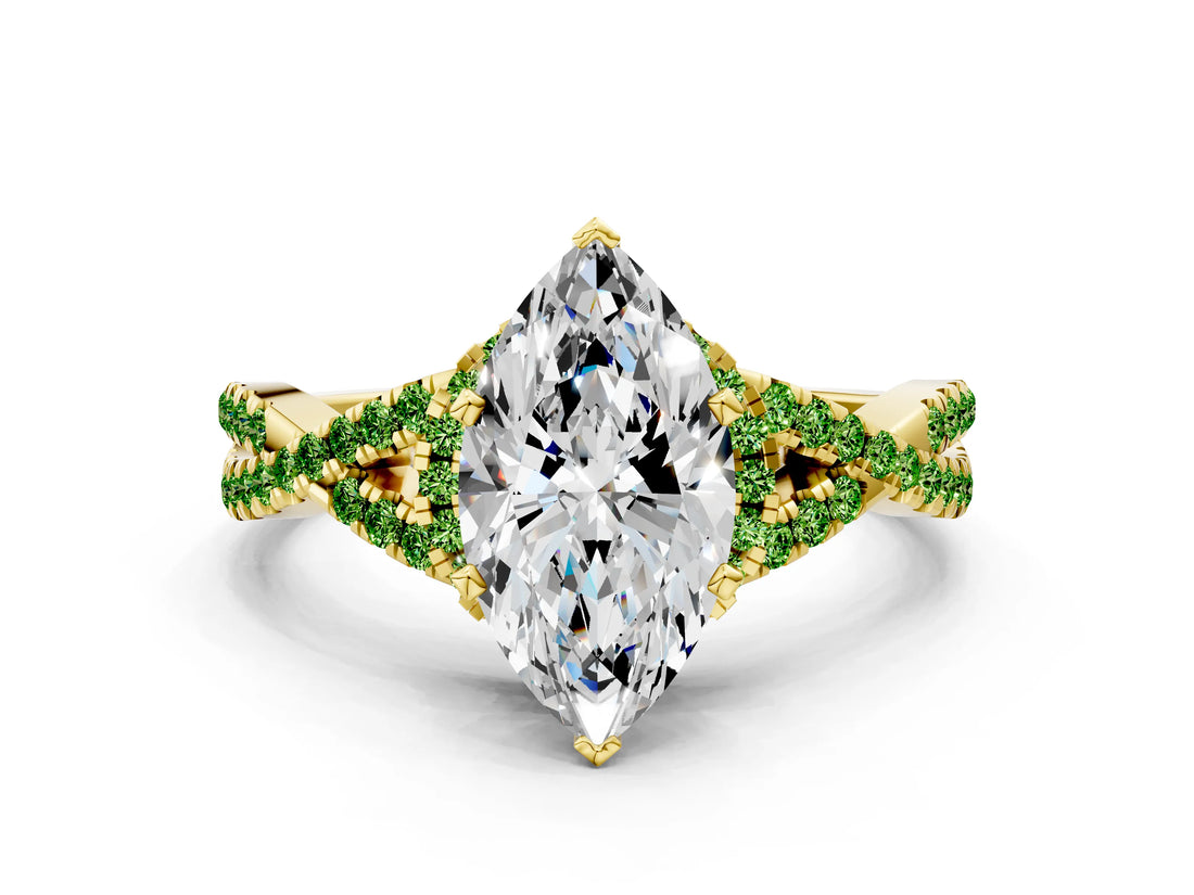 Yellow gold Heart Cut Diamond with Peridot side stone Halo Twist Band Solitaire Prong Setting Ring_12