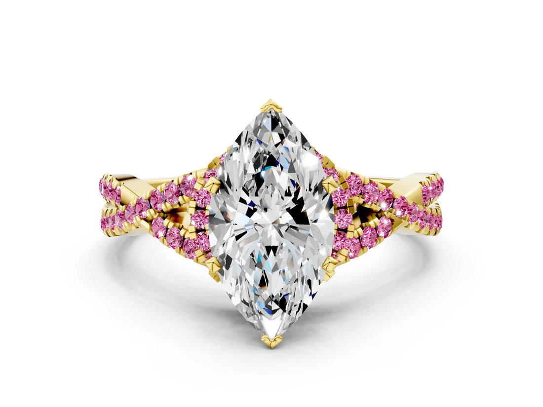 Yellow gold Heart Cut Diamond with Pink Sapphire side stone Halo Twist Band Solitaire Prong Setting Ring_24