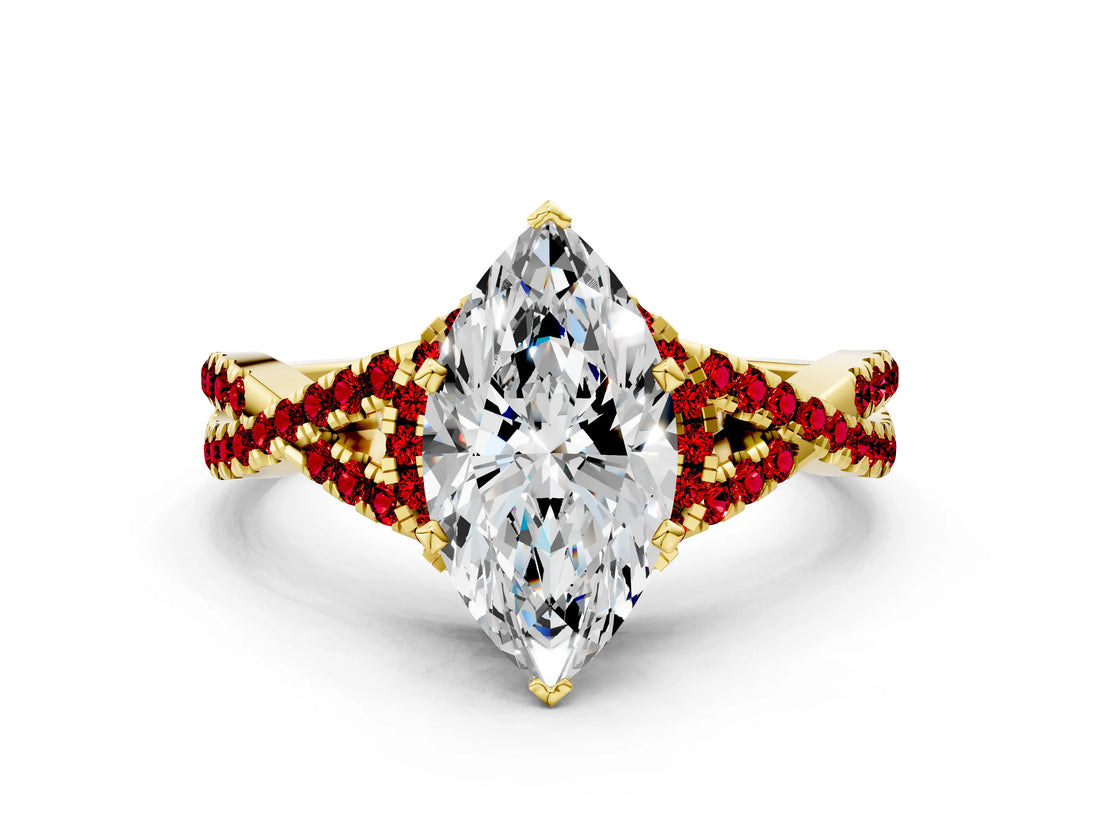 Yellow gold Heart Cut Diamond with Ruby side stone Halo Twist Band Solitaire Prong Setting Ring_12