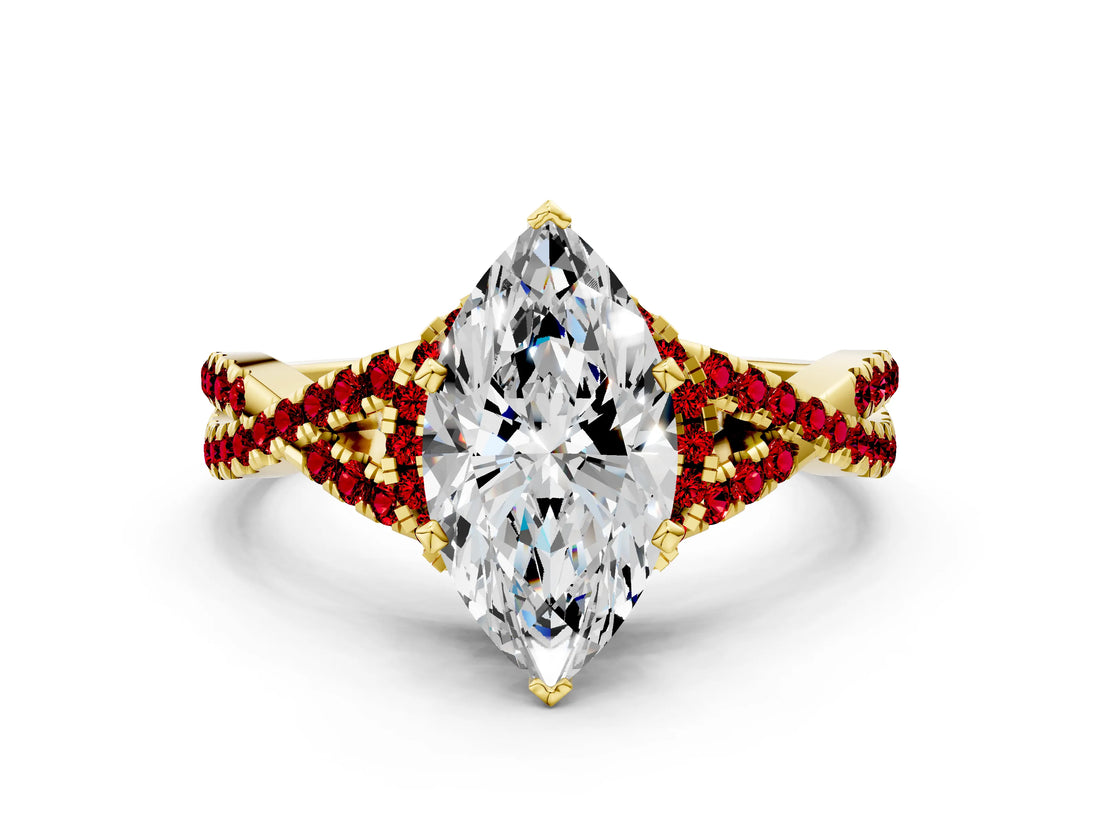 Yellow gold Heart Cut Diamond with Ruby side stone Halo Twist Band Solitaire Prong Setting Ring_24