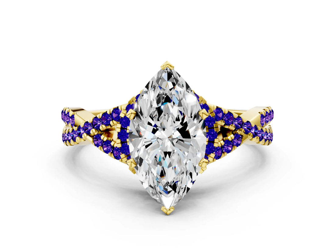 Yellow gold Heart Cut Diamond with Tanzanite side stone Halo Twist Band Solitaire Prong Setting Ring_12