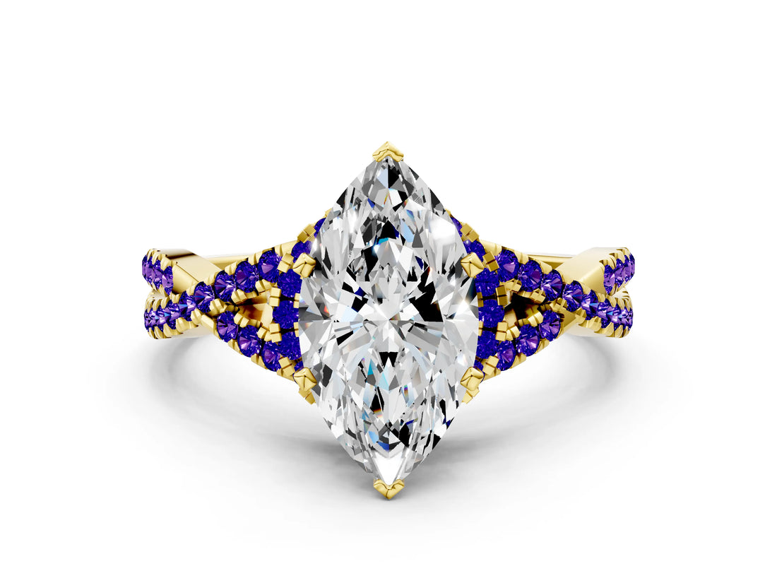 Yellow gold Heart Cut Diamond with Tanzanite side stone Halo Twist Band Solitaire Prong Setting Ring_24