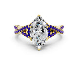 Yellow gold Heart Cut Diamond with Tanzanite side stone Halo Twist Band Solitaire Prong Setting Ring_36