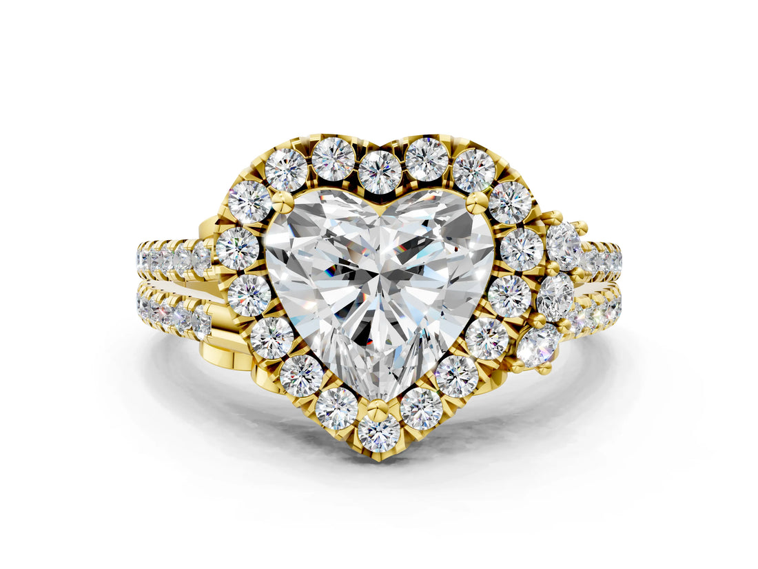 Yellow gold Heart Cut Double Halo Diamond Engagement Ring with Pave Band and Four-Prong Setting
