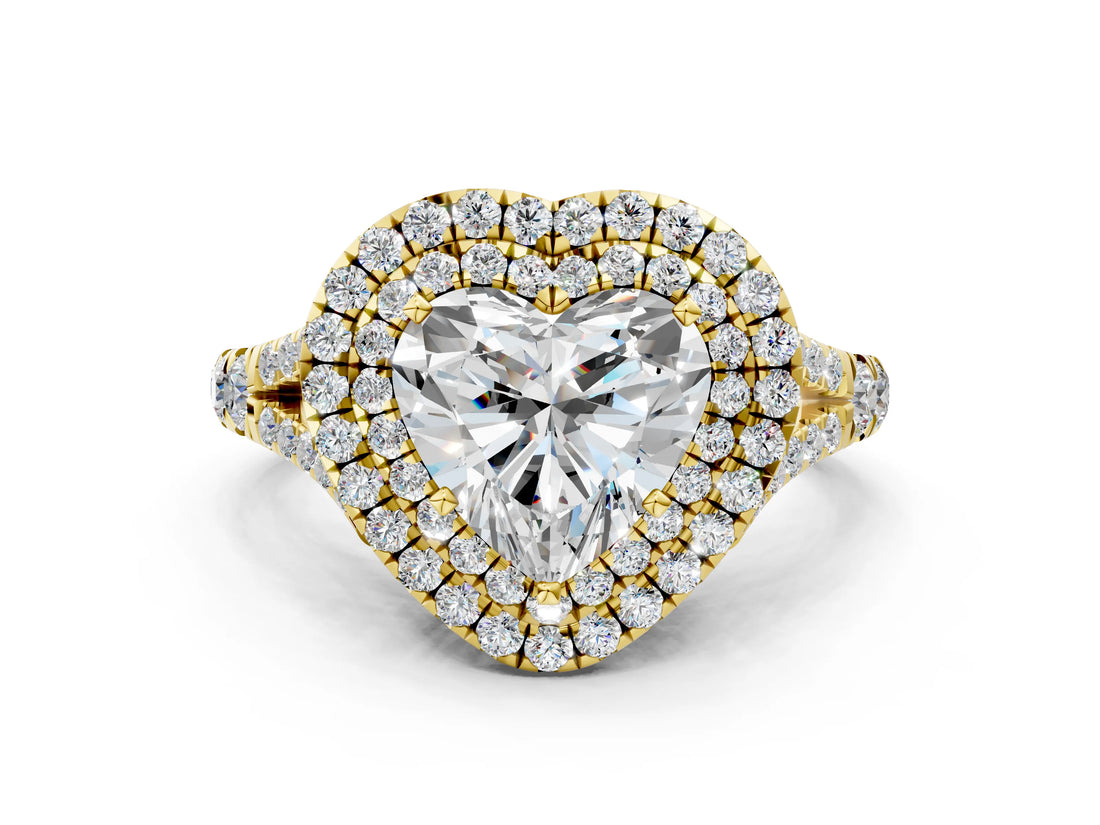 Yellow gold Heart Cut Double Halo Split Shank Diamond Ring with Prong Setting_49