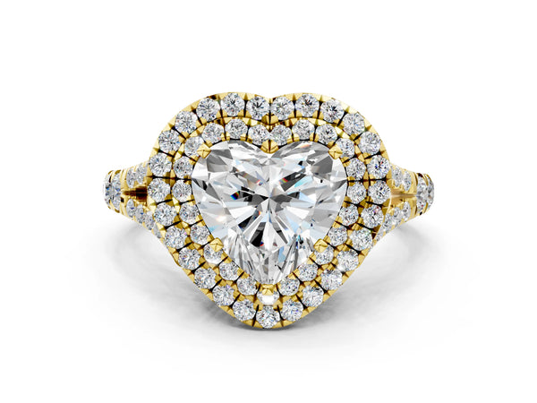 Yellow gold Heart Cut Double Halo Split Shank Diamond Ring with Prong Setting
