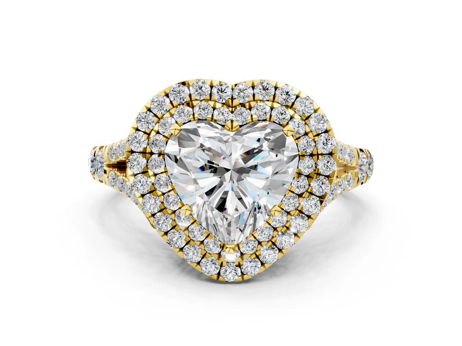 Yellow gold Heart Cut Double Halo Split Shank Diamond Ring with Prong Setting