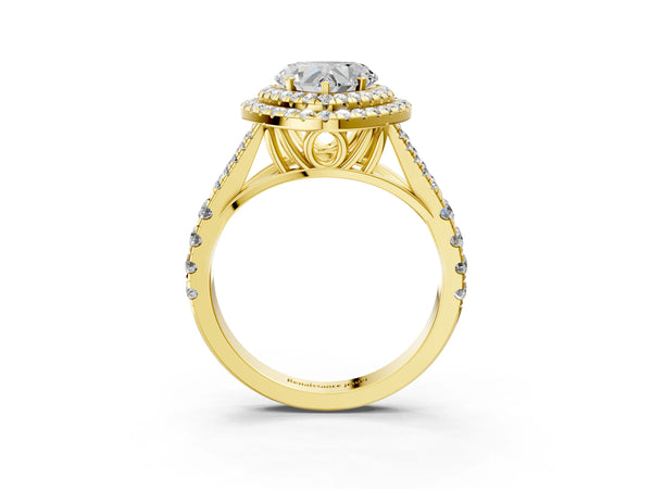 Yellow gold Heart Cut Double Halo Split Shank Diamond Ring with Prong Setting