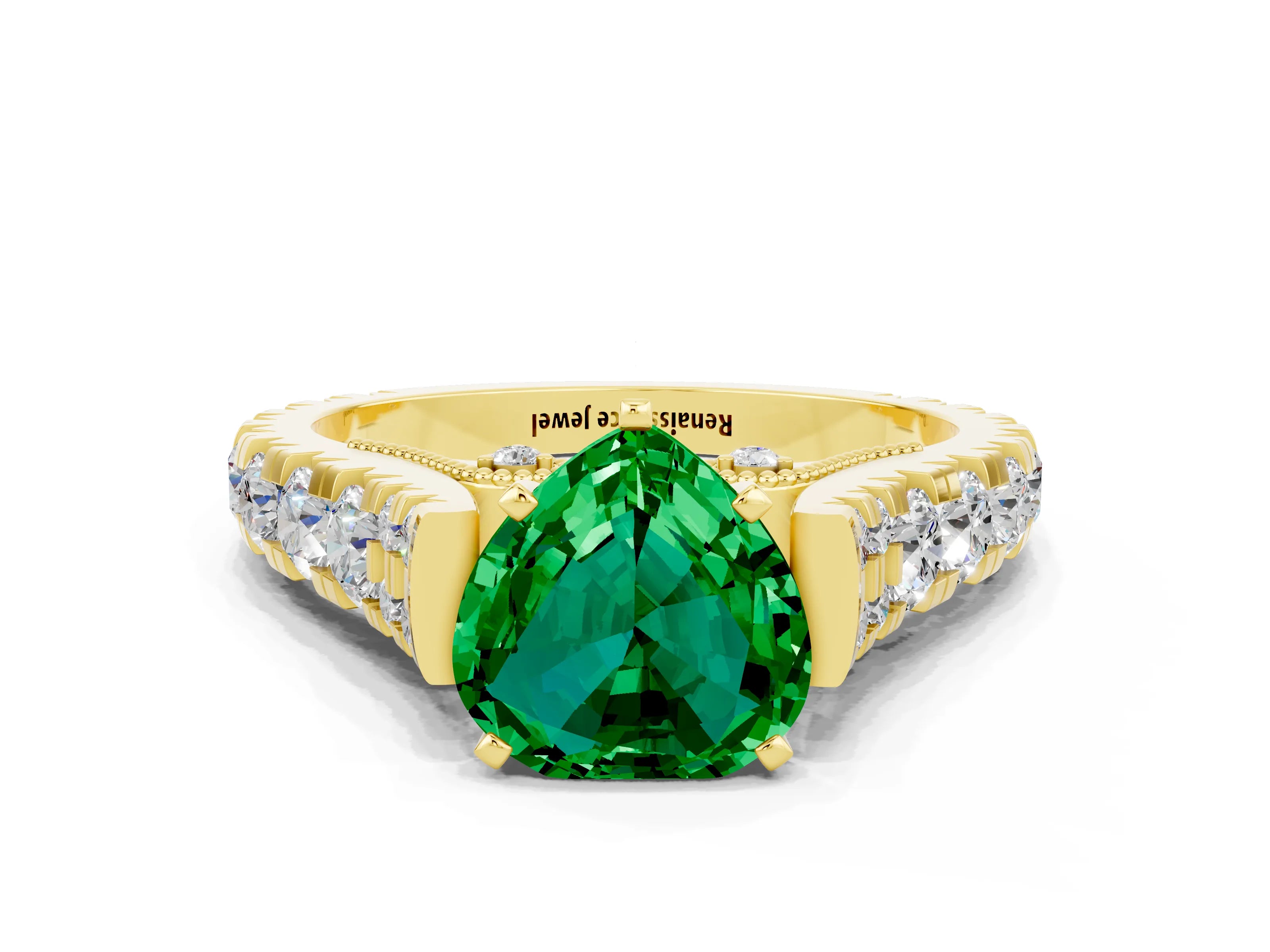 Yellow gold Heart Cut Emerald Classic Solitaire Ring with Pavé Band and Four-Prong Setting