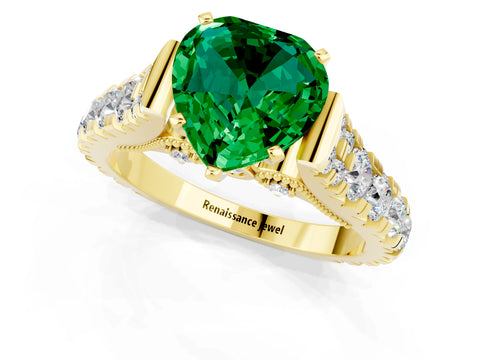 Yellow gold Heart Cut Emerald Classic Solitaire Ring with Pavé Band and Four-Prong Setting_1