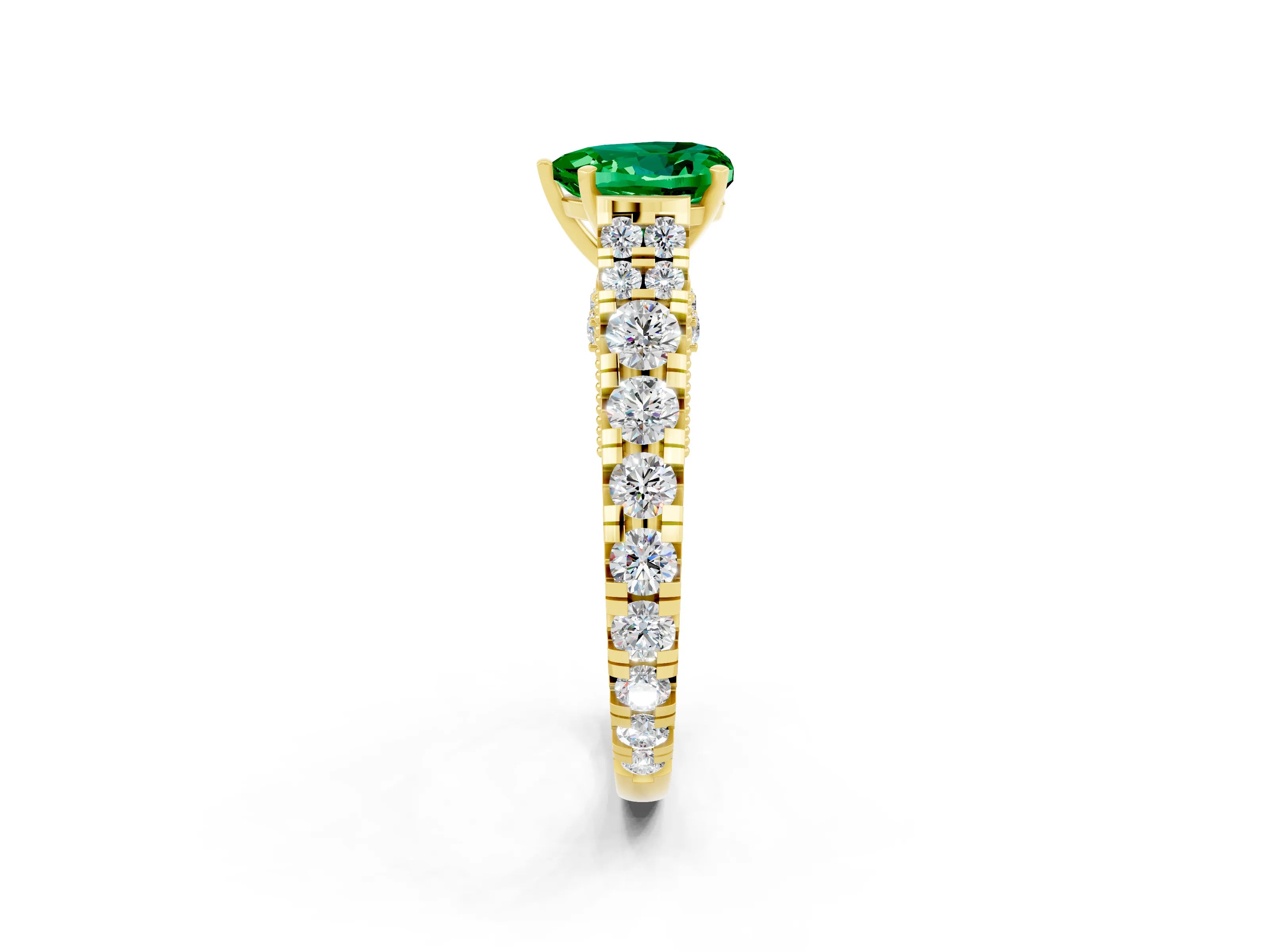 Yellow gold Heart Cut Emerald Classic Solitaire Ring with Pavé Band and Four-Prong Setting_2
