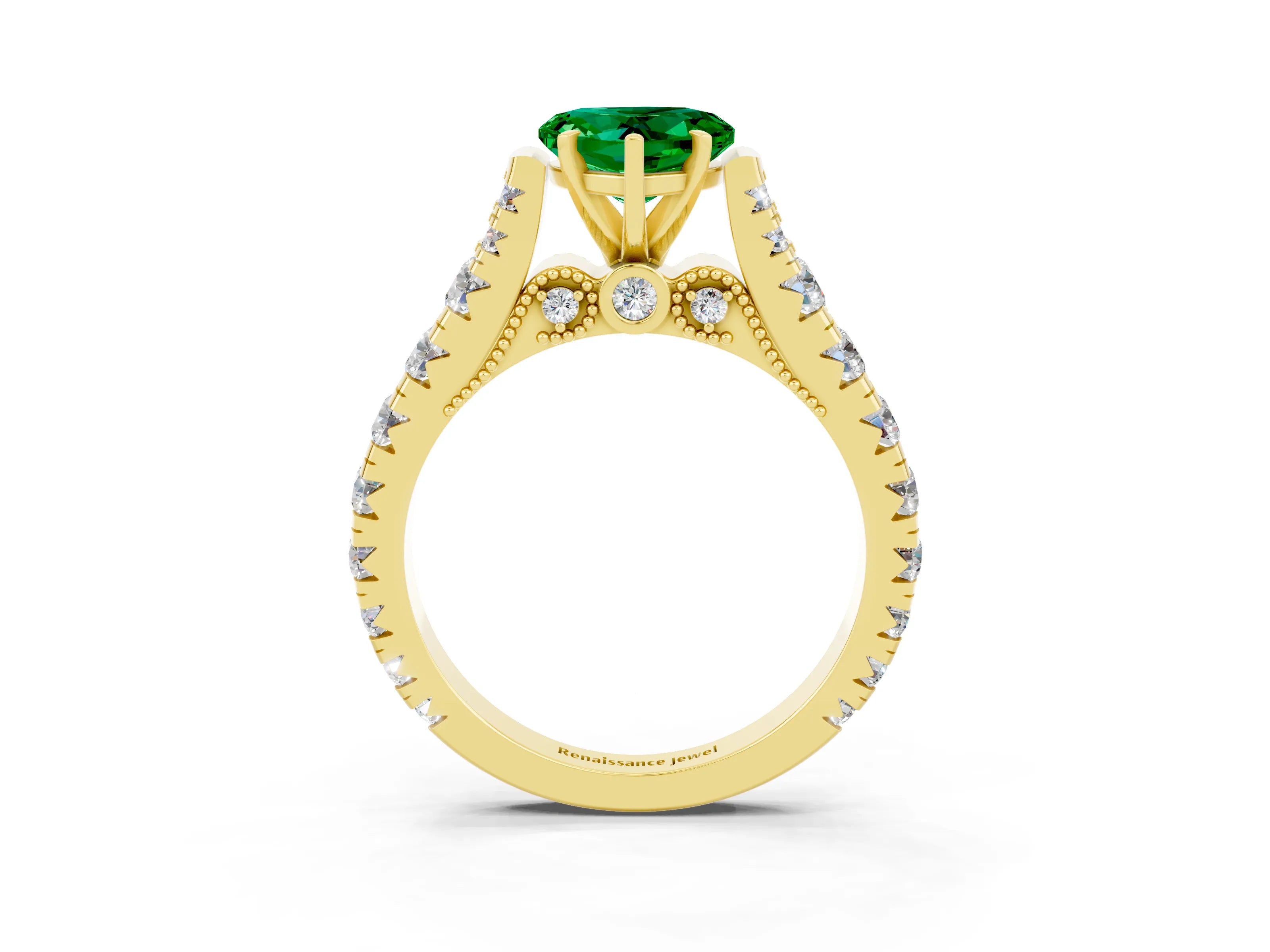 Yellow gold Heart Cut Emerald Classic Solitaire Ring with Pavé Band and Four-Prong Setting_3