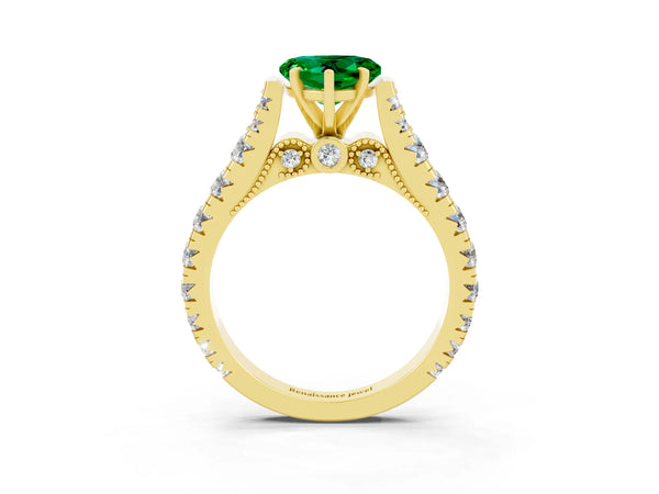 Yellow gold Heart Cut Emerald Classic Solitaire Ring with Pavé Band and Four-Prong Setting