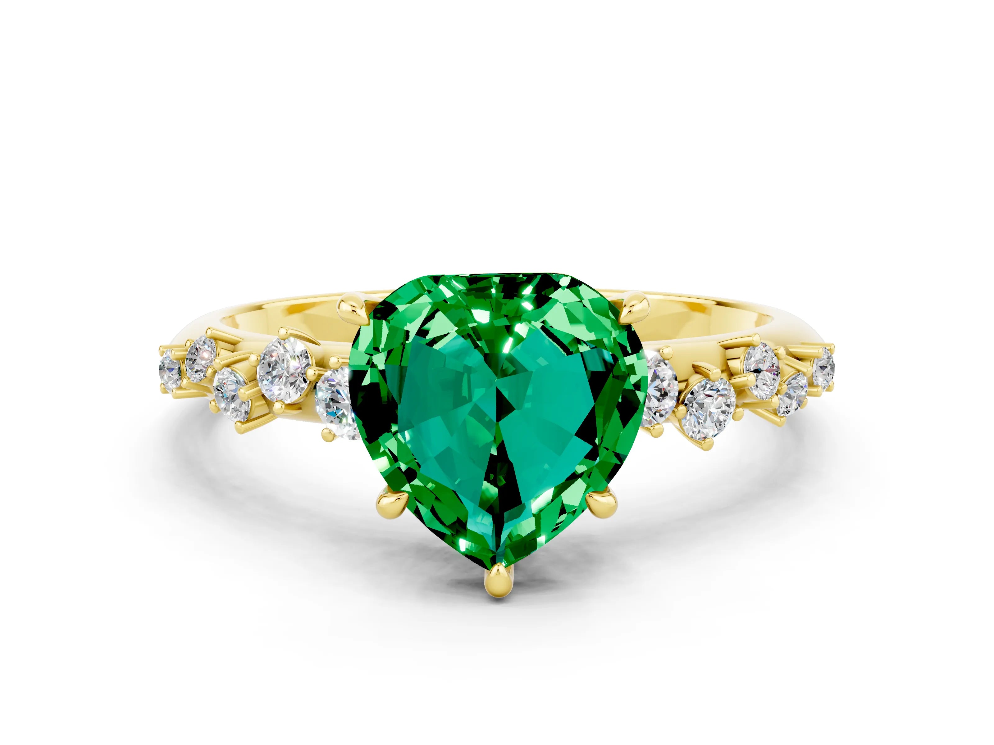 Yellow gold Heart Cut Emerald Cluster Side Stone Solitaire Ring with Prong Setting_24