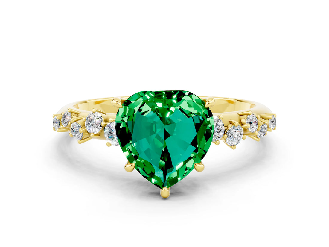 Yellow gold Heart Cut Emerald Cluster Side Stone Solitaire Ring with Prong Setting_24