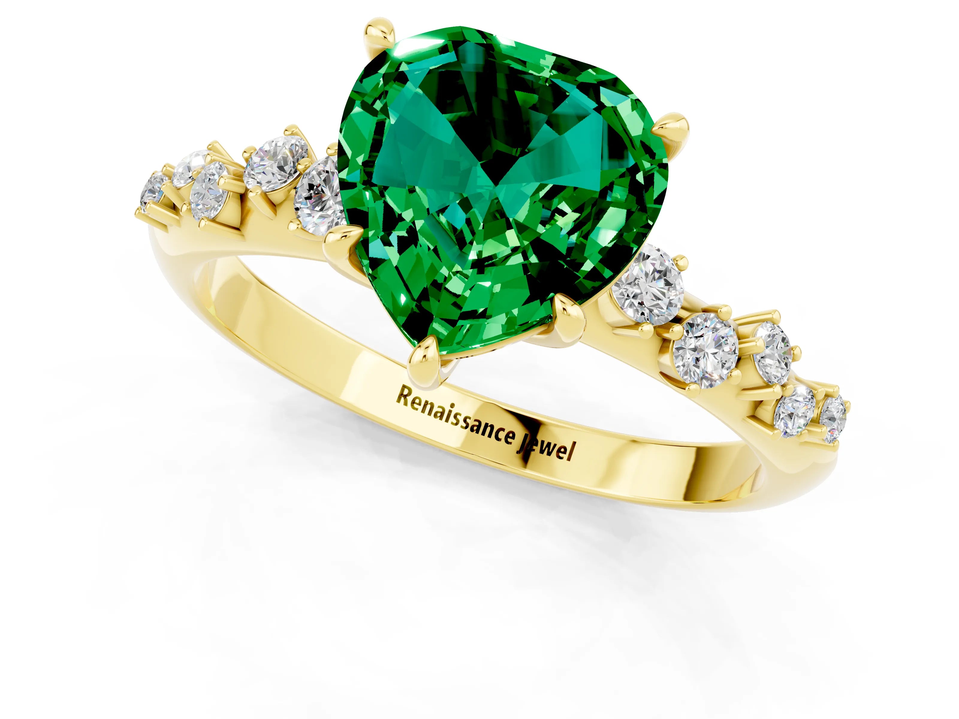 Yellow gold Heart Cut Emerald Cluster Side Stone Solitaire Ring with Prong Setting_25