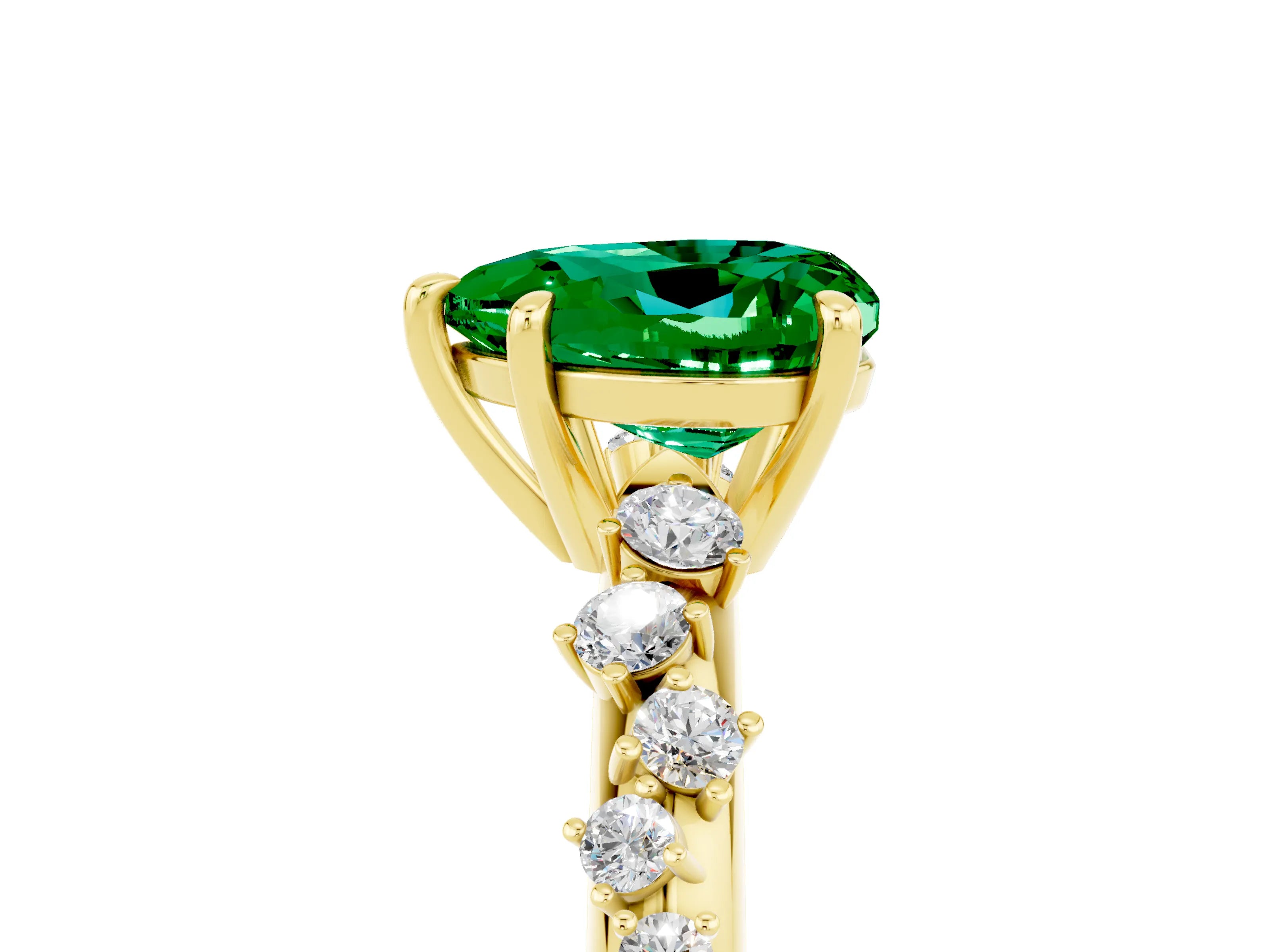 Yellow gold Heart Cut Emerald Cluster Side Stone Solitaire Ring with Prong Setting_29
