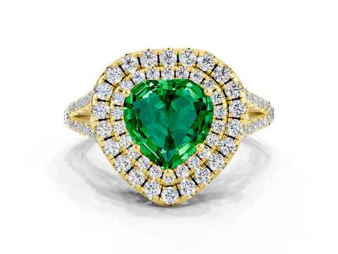 Yellow gold Heart Cut Emerald Double Halo Ring with Pavé Band and Prong Setting_12