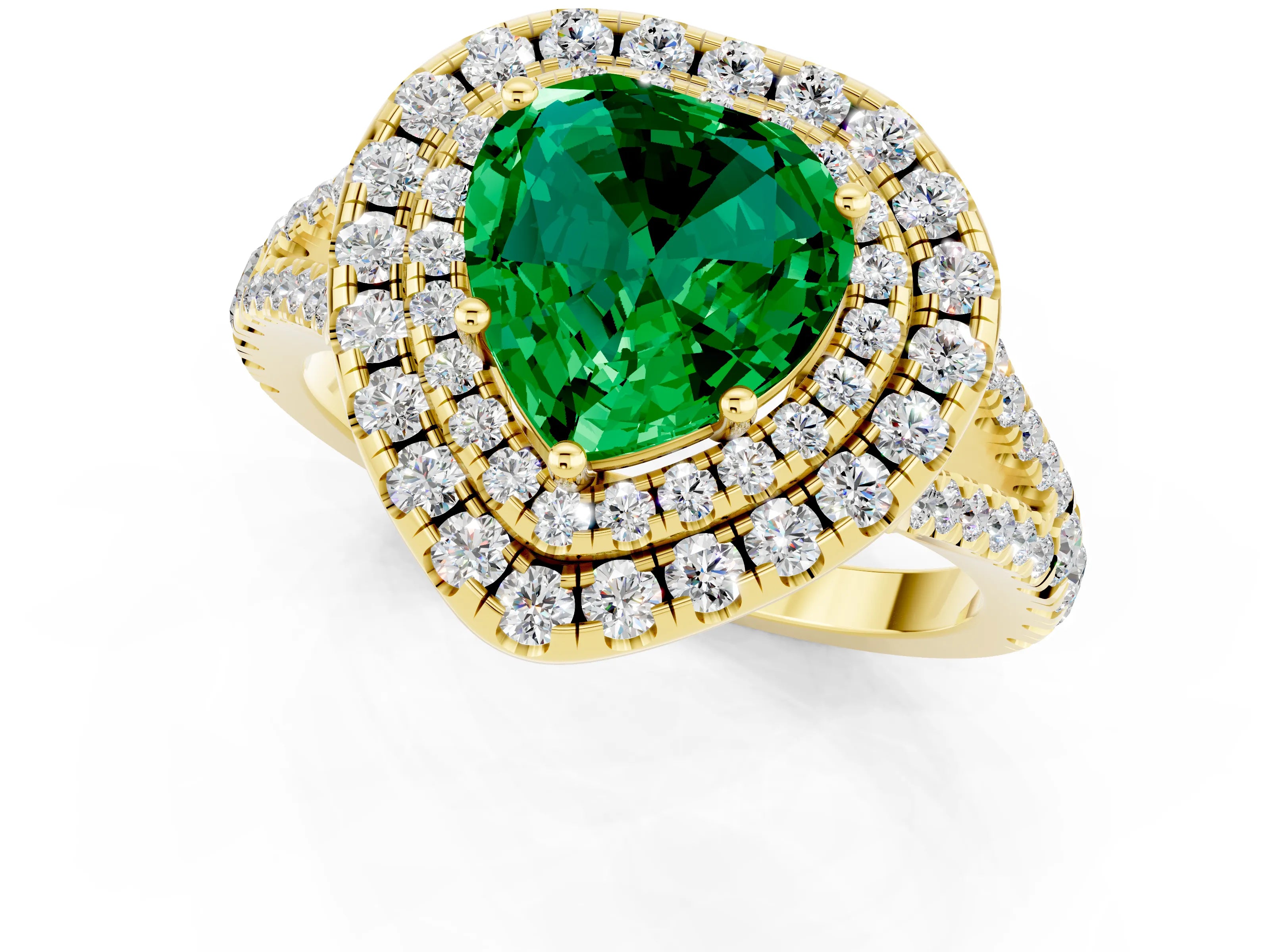 Yellow gold Heart Cut Emerald Double Halo Ring with Pavé Band and Prong Setting_13