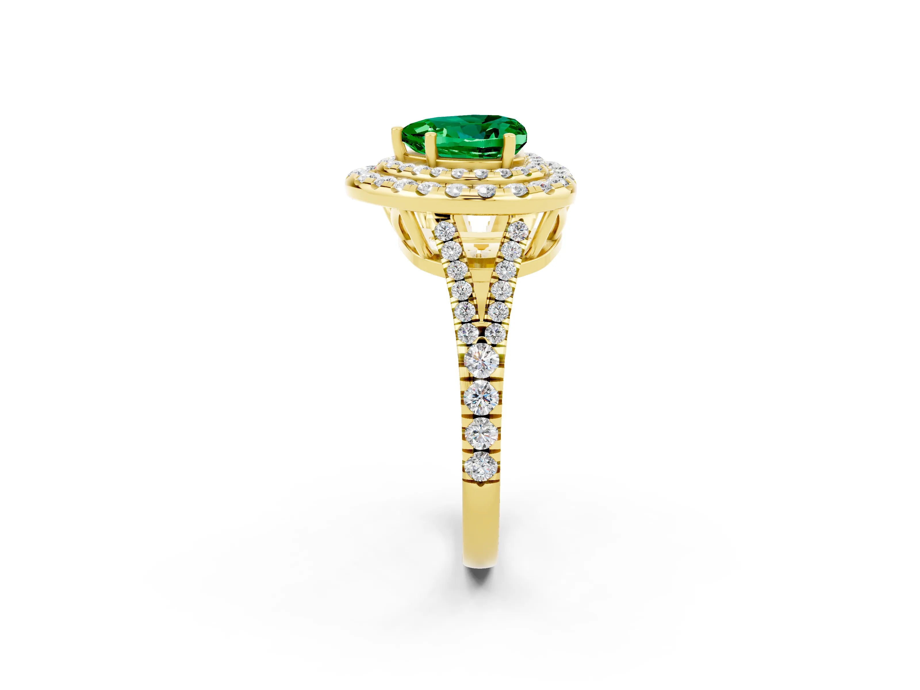 Yellow gold Heart Cut Emerald Double Halo Ring with Pavé Band and Prong Setting_14