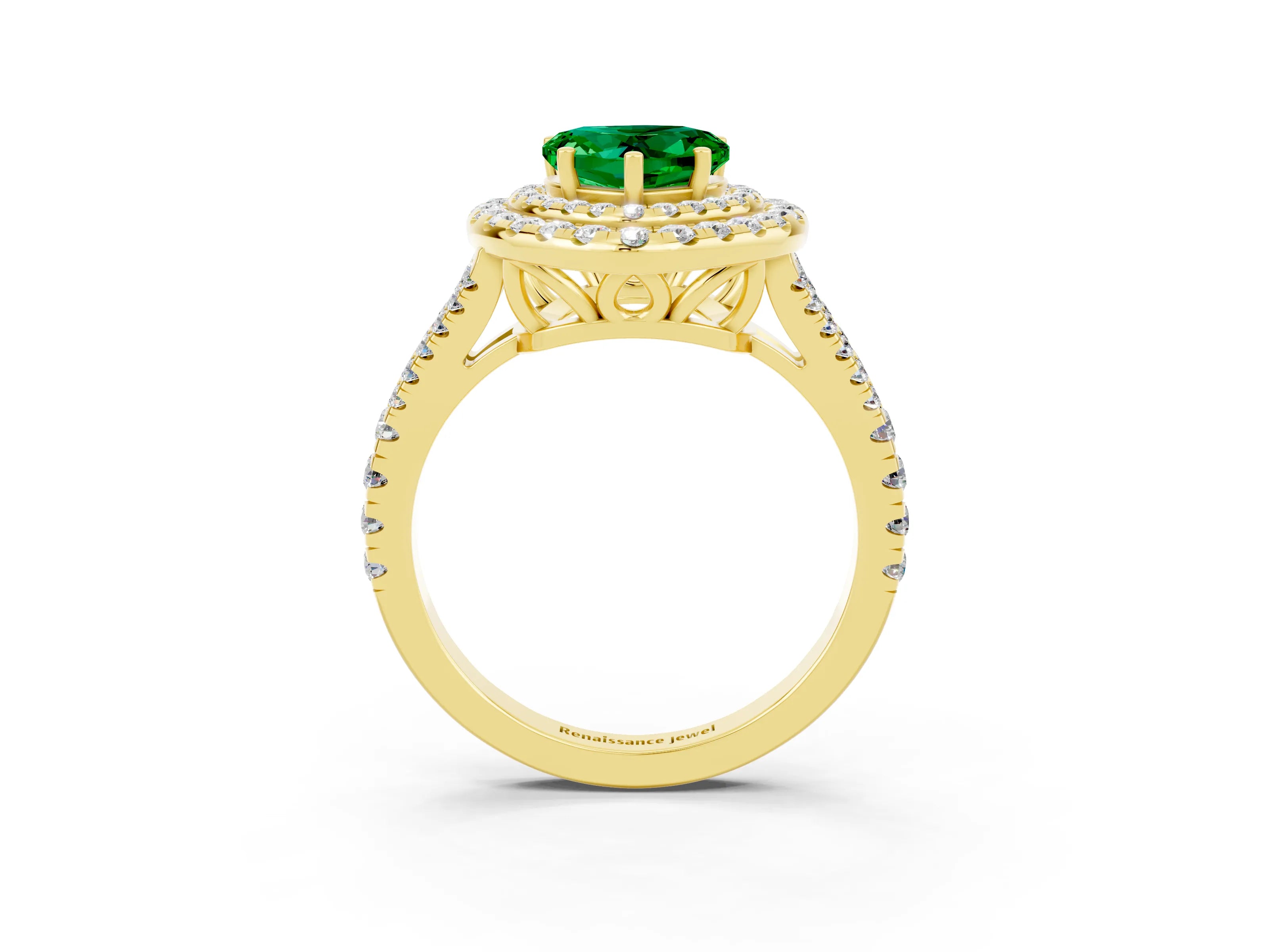 Yellow gold Heart Cut Emerald Double Halo Ring with Pavé Band and Prong Setting_15
