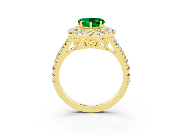 Yellow gold Heart Cut Emerald Double Halo Ring with Pavé Band and Prong Setting