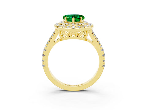 Yellow gold Heart Cut Emerald Double Halo Ring with Pavé Band and Prong Setting_15