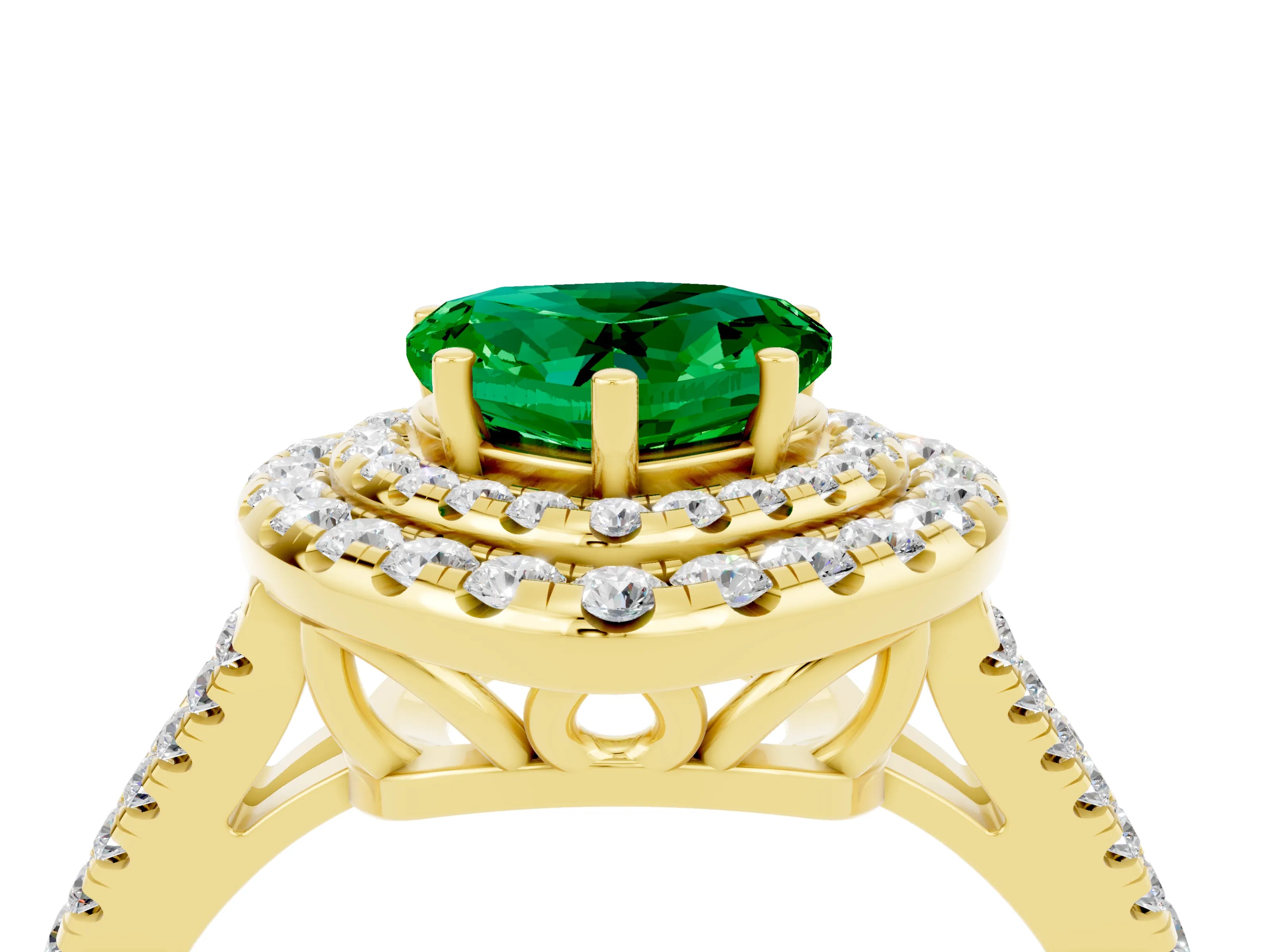 Yellow gold Heart Cut Emerald Double Halo Ring with Pavé Band and Prong Setting_16