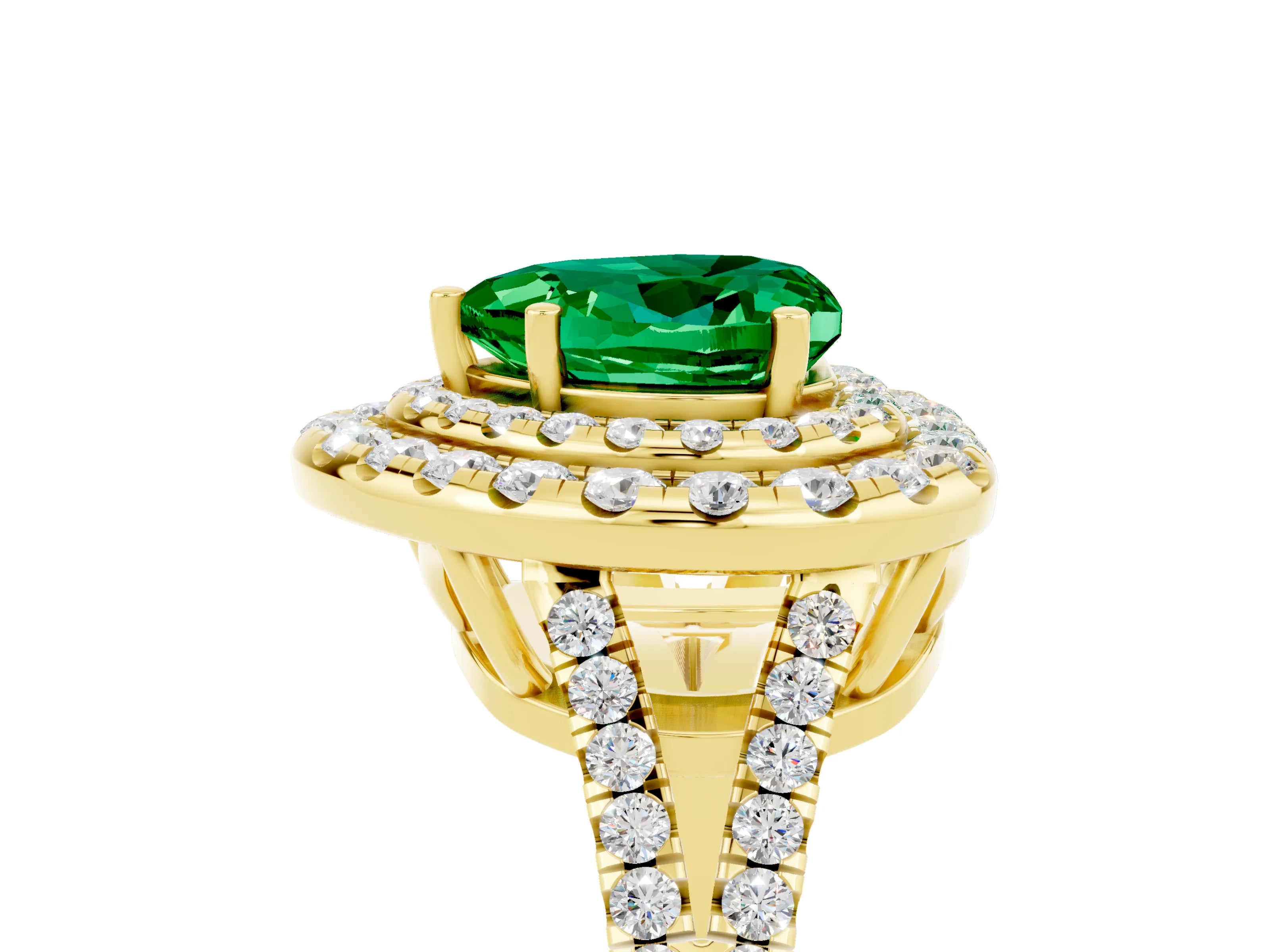 Yellow gold Heart Cut Emerald Double Halo Ring with Pavé Band and Prong Setting_17
