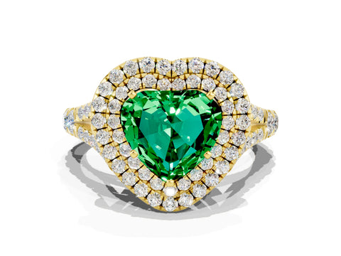 Yellow gold Heart Cut Emerald Double Halo Ring with Split Shank and Prong Setting_12