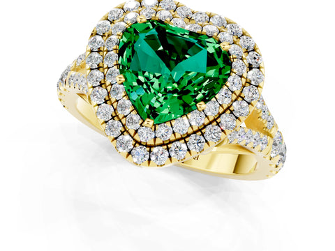 Yellow gold Heart Cut Emerald Double Halo Ring with Split Shank and Prong Setting_13