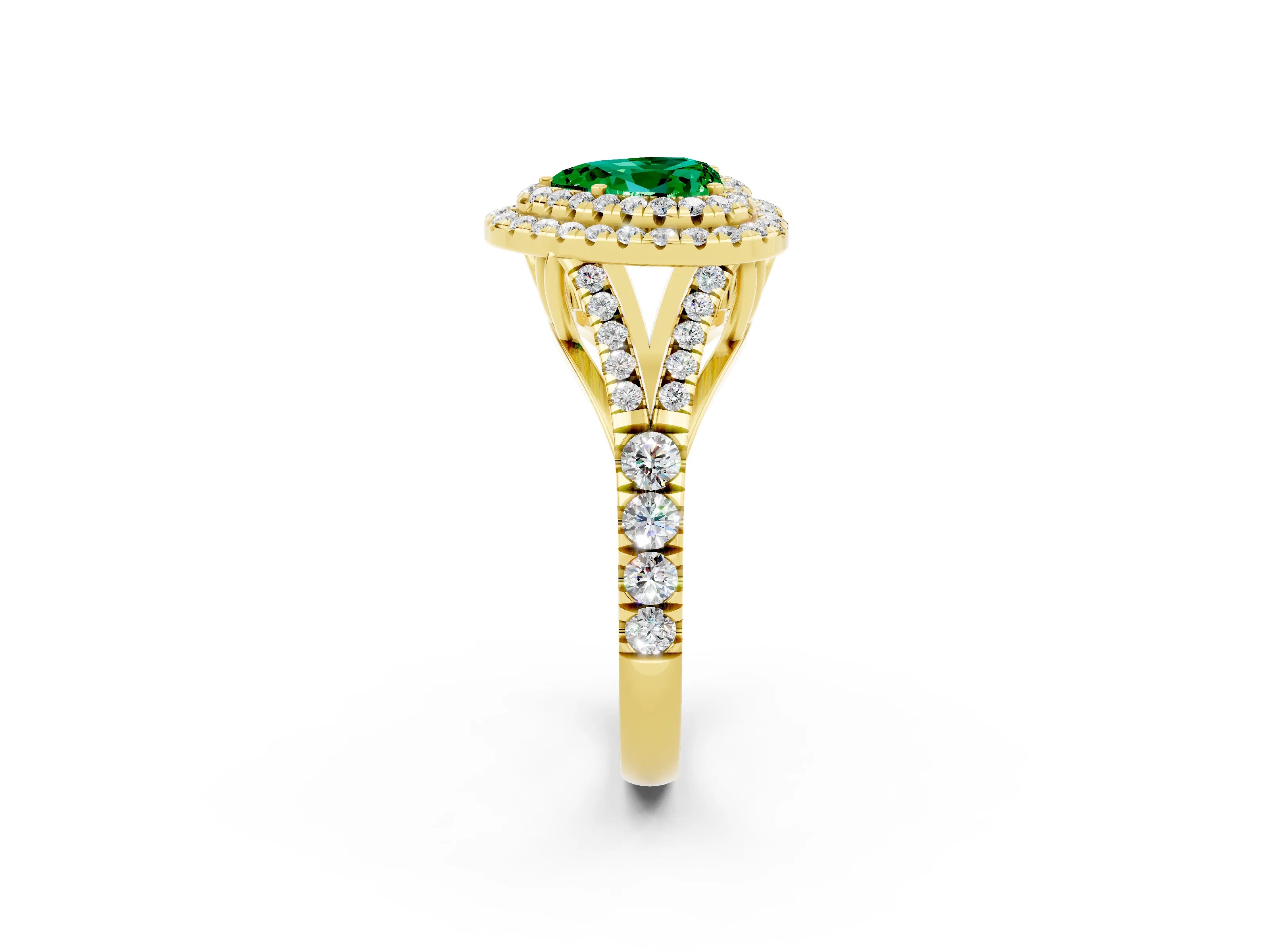 Yellow gold Heart Cut Emerald Double Halo Ring with Split Shank and Prong Setting_14