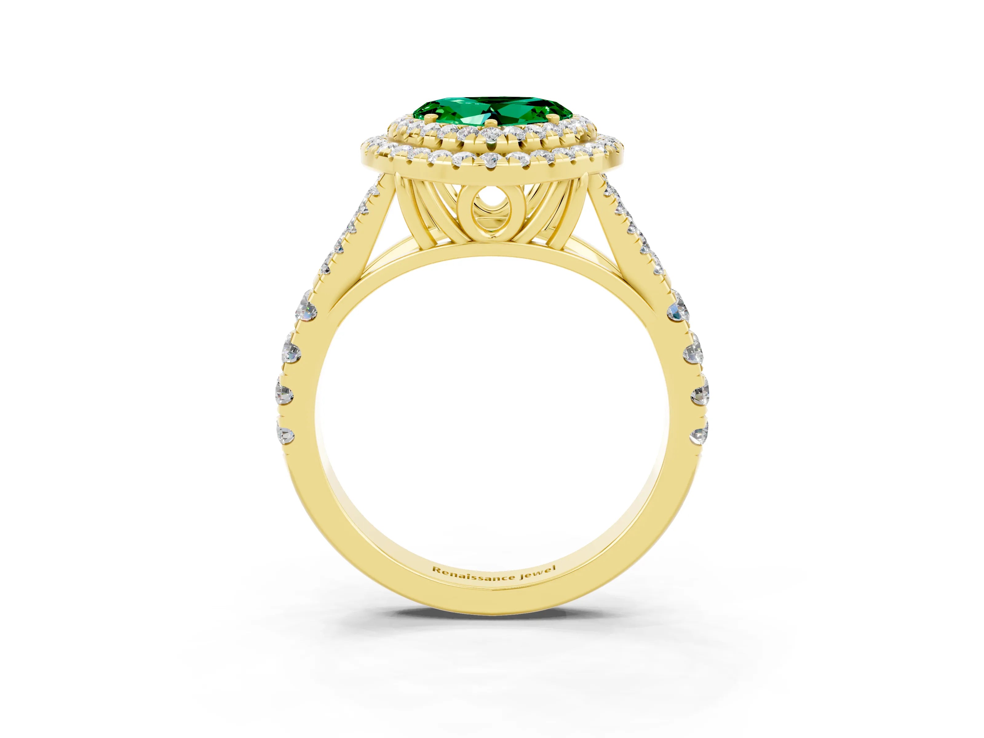 Yellow gold Heart Cut Emerald Double Halo Ring with Split Shank and Prong Setting_15