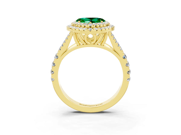 Yellow gold Heart Cut Emerald Double Halo Ring with Split Shank and Prong Setting