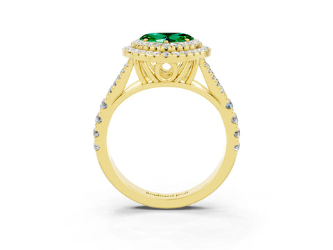Yellow gold Heart Cut Emerald Double Halo Ring with Split Shank and Prong Setting_15