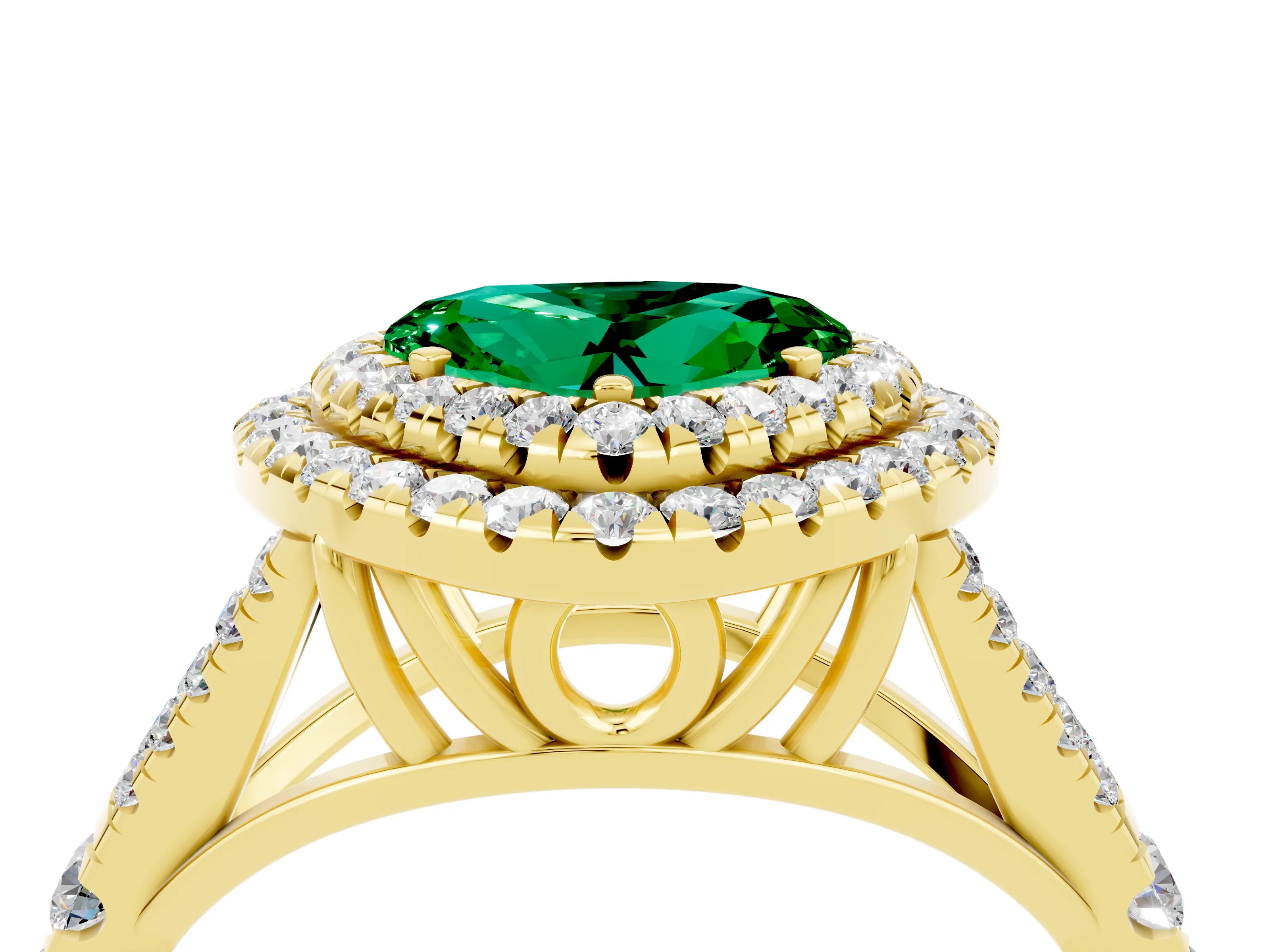Yellow gold Heart Cut Emerald Double Halo Ring with Split Shank and Prong Setting_16