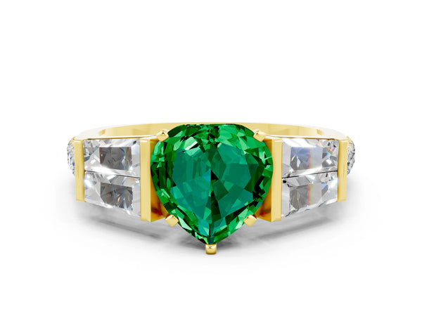 Yellow gold Heart Cut Emerald Engagement Ring with Baguette Side Stones and Channel Set Band