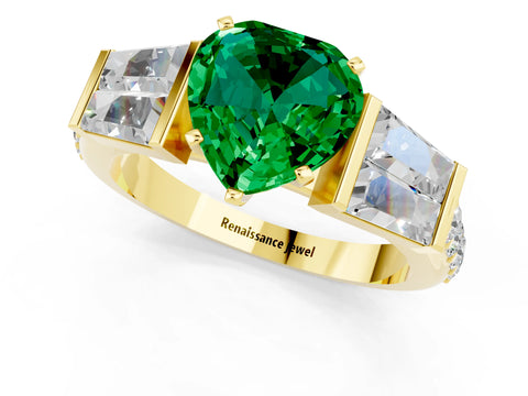 Yellow gold Heart Cut Emerald Engagement Ring with Baguette Side Stones and Channel Set Band_1