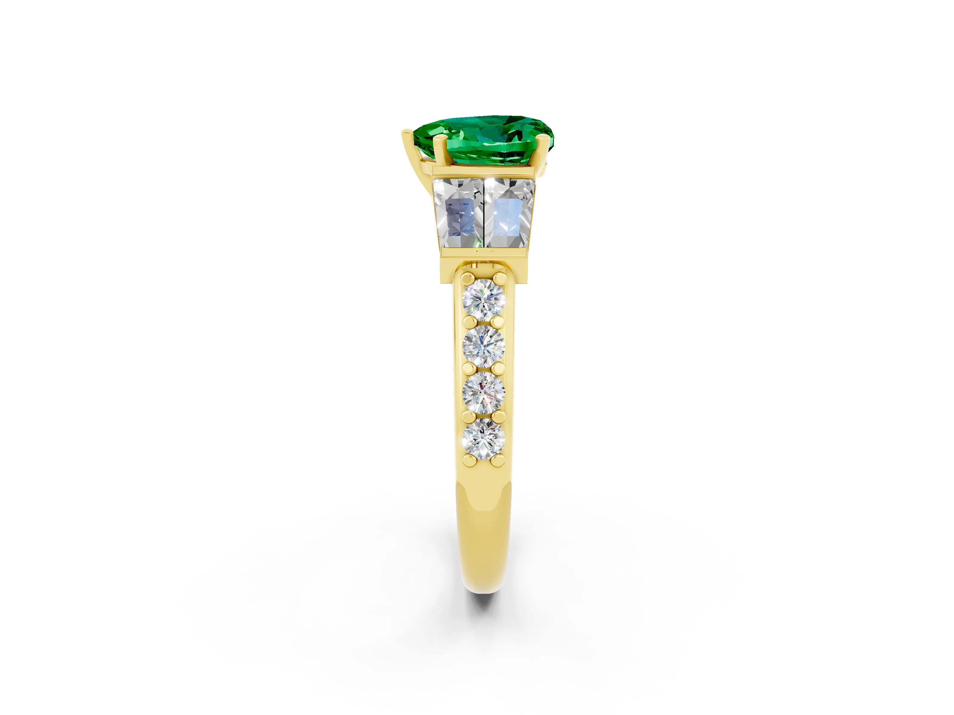 Yellow gold Heart Cut Emerald Engagement Ring with Baguette Side Stones and Channel Set Band_2